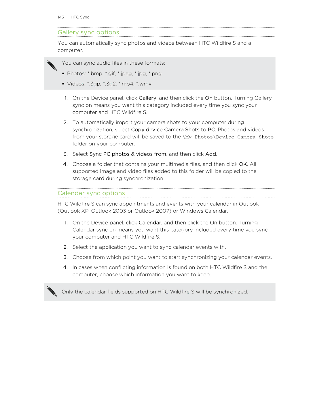 HTC S manual Gallery sync options, Calendar sync options 