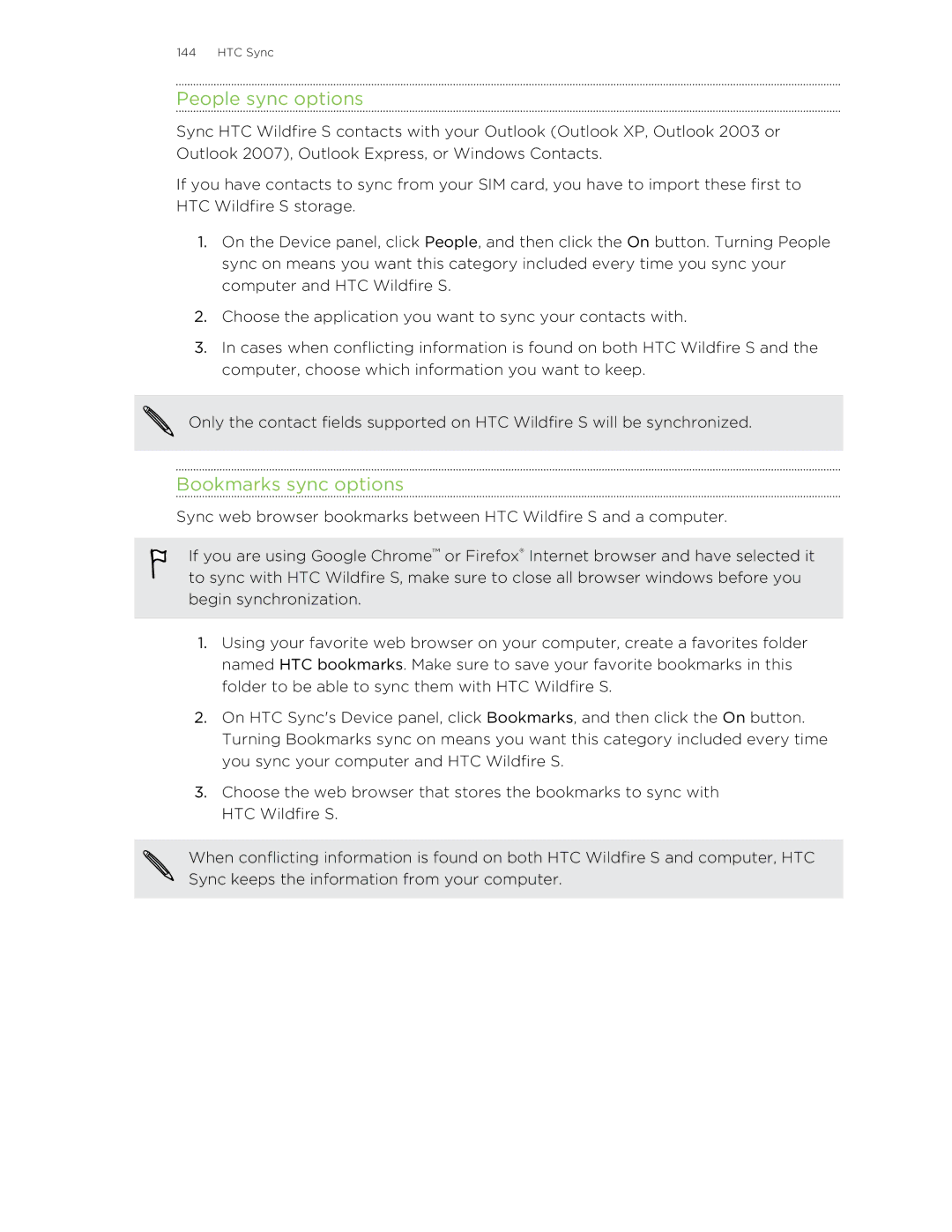 HTC S manual People sync options, Bookmarks sync options 