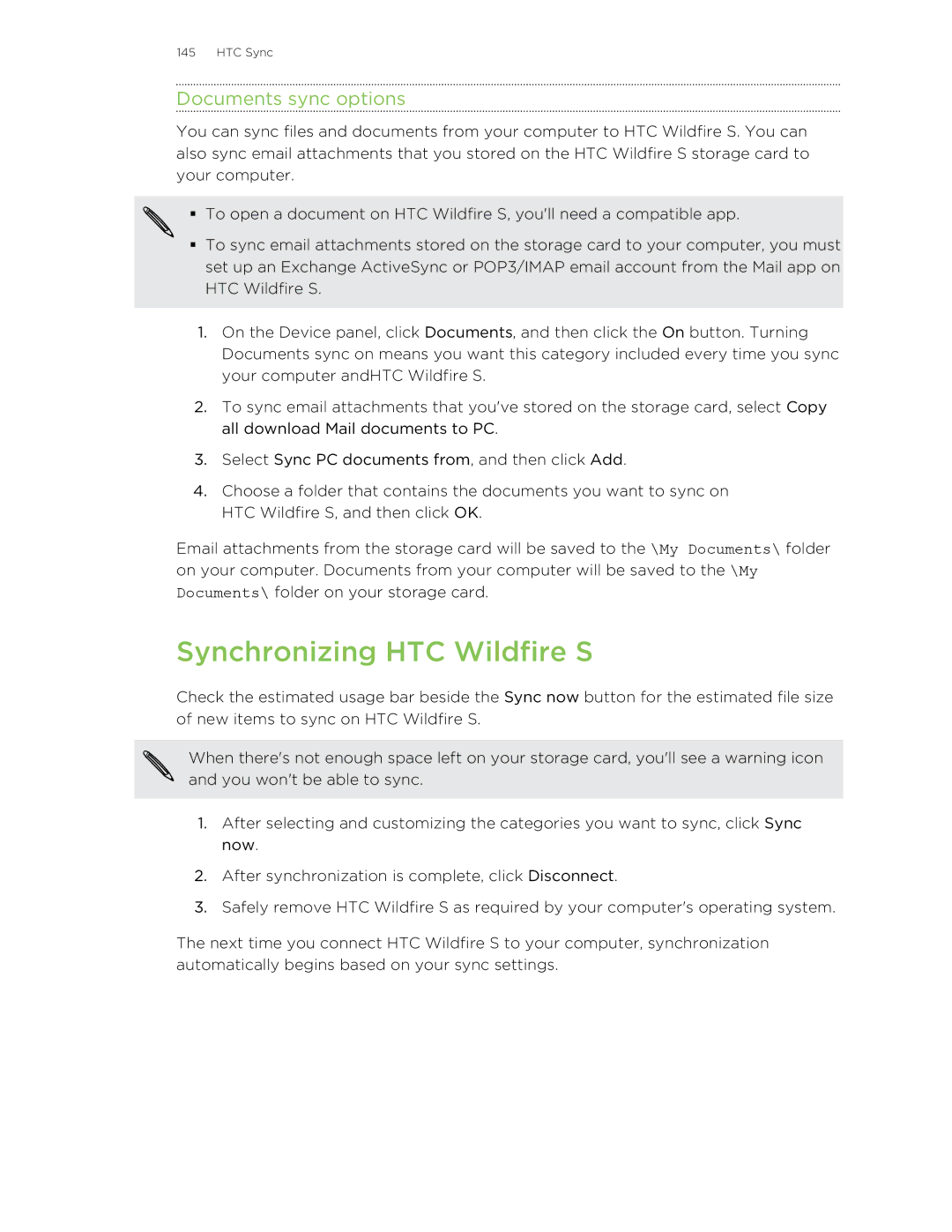 HTC manual Synchronizing HTC Wildfire S, Documents sync options 