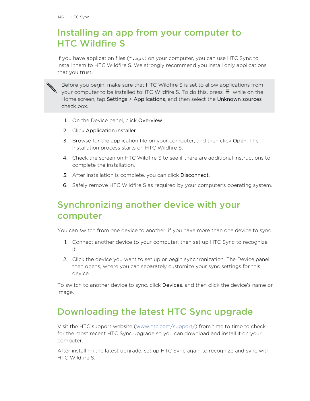 HTC manual Installing an app from your computer to HTC Wildfire S, Synchronizing another device with your computer 