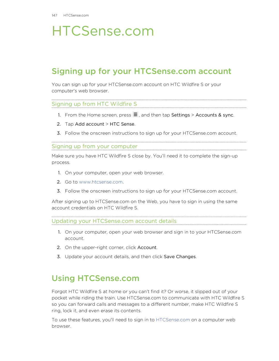 HTC manual Using HTCSense.com, Signing up from HTC Wildfire S, Signing up from your computer 