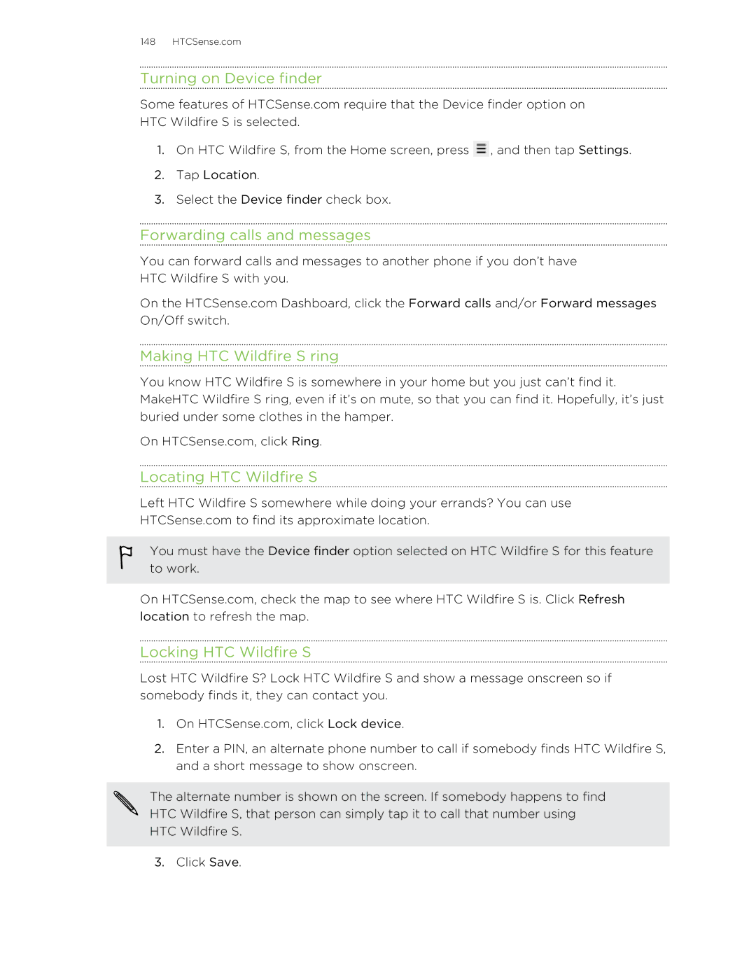 HTC manual Turning on Device finder, Forwarding calls and messages, Making HTC Wildfire S ring, Locating HTC Wildfire S 