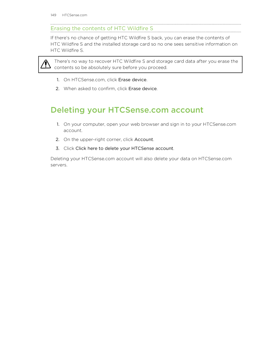 HTC manual Erasing the contents of HTC Wildfire S 