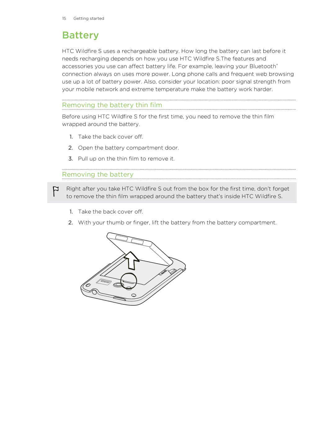 HTC S manual Battery, Removing the battery thin film 