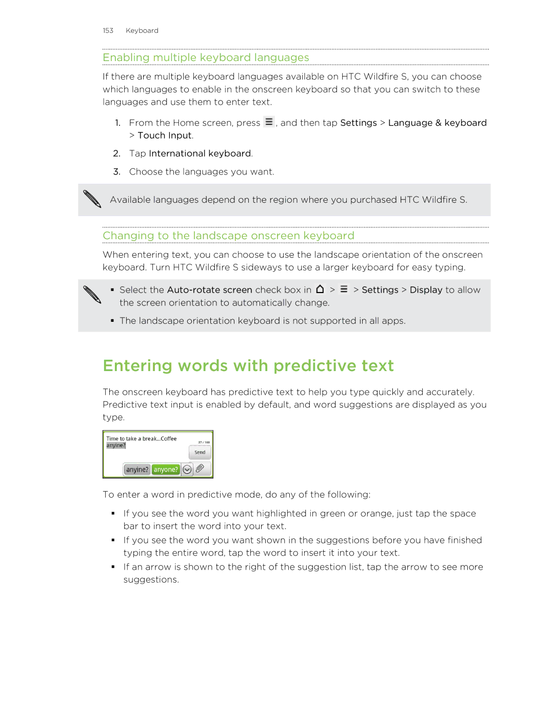 HTC S manual Entering words with predictive text, Enabling multiple keyboard languages 