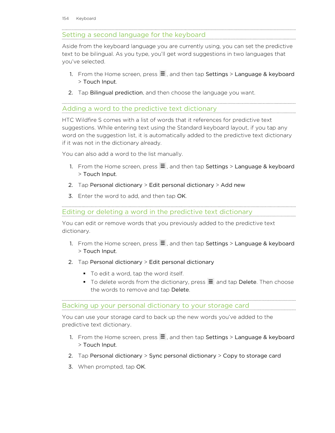 HTC manual Setting a second language for the keyboard, Adding a word to the predictive text dictionary 