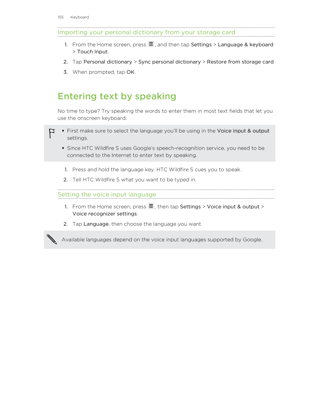 HTC S manual Entering text by speaking, Importing your personal dictionary from your storage card 