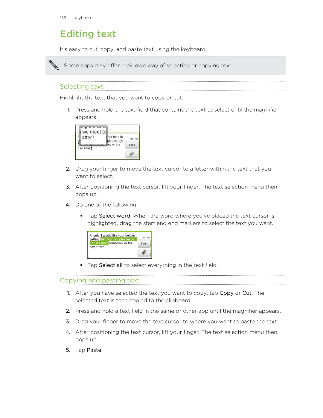 HTC manual Editing text, Selecting text 