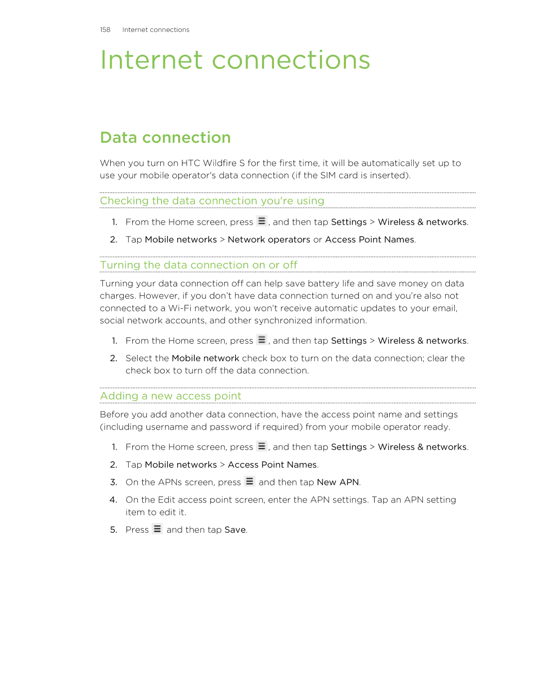 HTC S manual Internet connections, Data connection, Checking the data connection youre using, Adding a new access point 