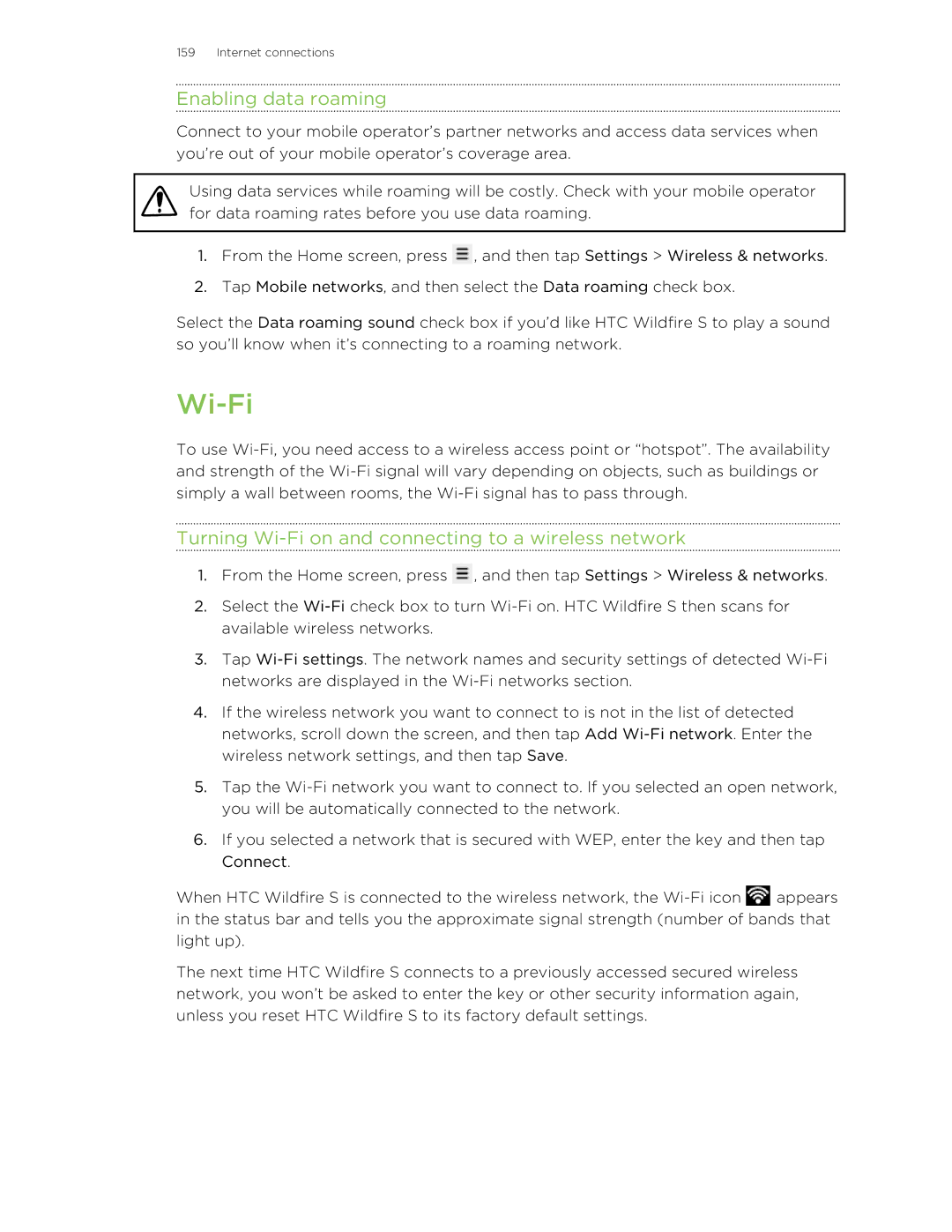 HTC S manual Enabling data roaming, Turning Wi-Fi on and connecting to a wireless network 