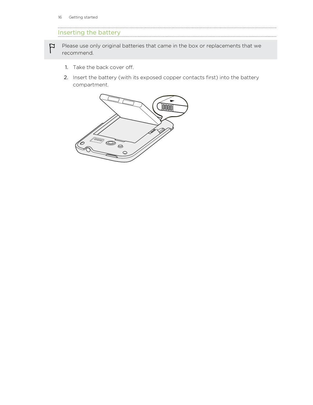 HTC S manual Inserting the battery 