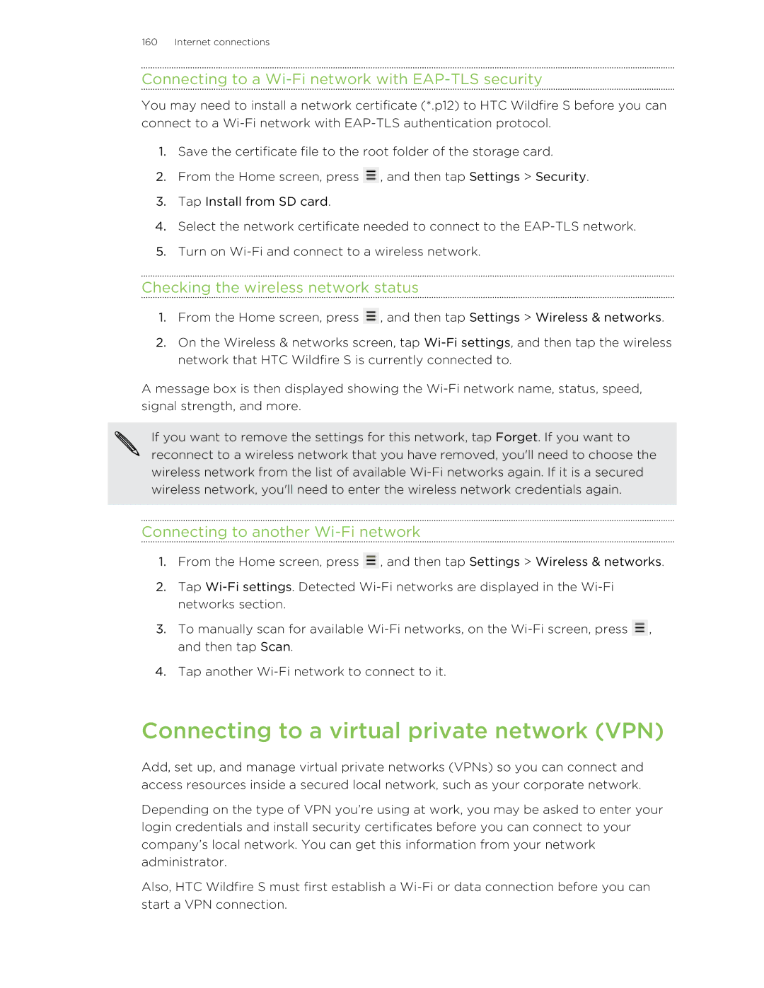 HTC manual Connecting to a virtual private network VPN, Connecting to a Wi-Fi network with EAP-TLS security 