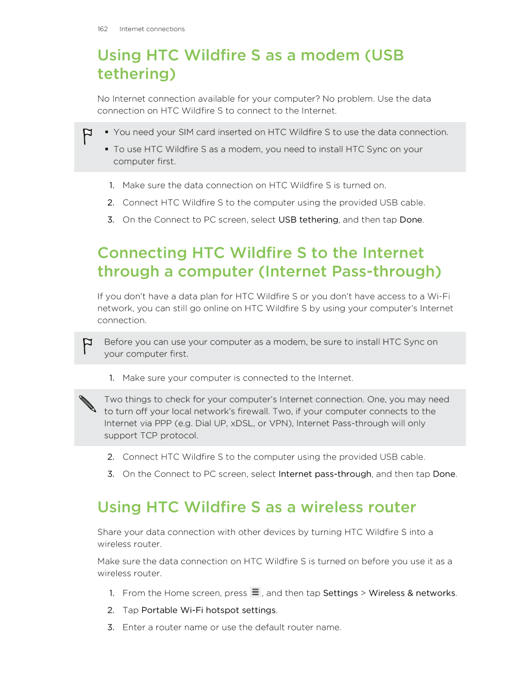 HTC manual Using HTC Wildfire S as a modem USB tethering, Using HTC Wildfire S as a wireless router 