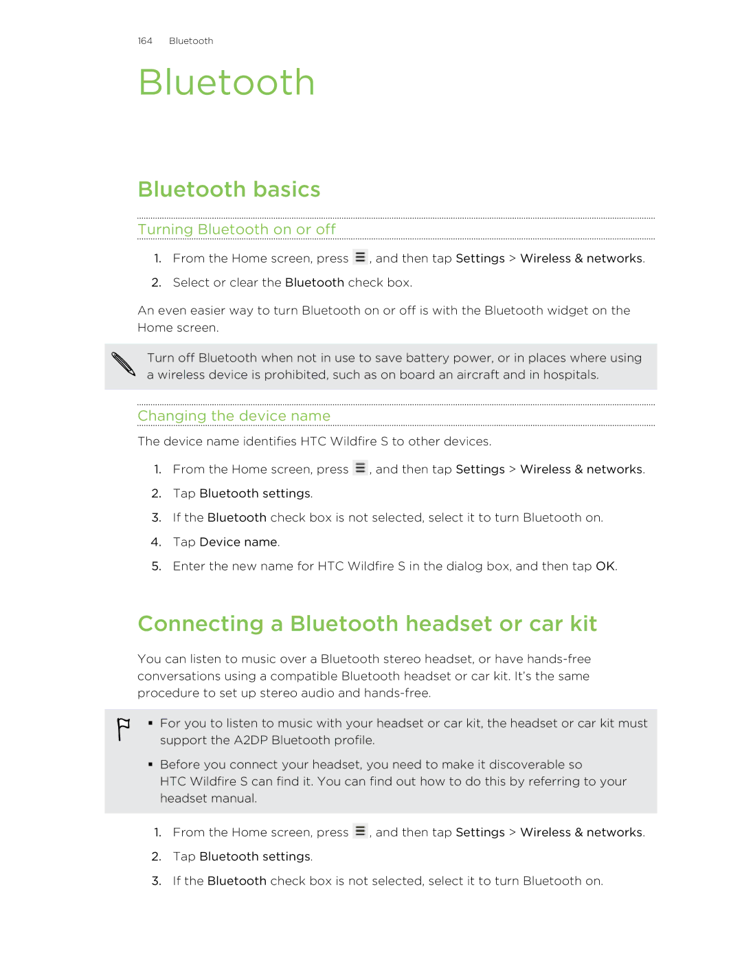 HTC S manual Bluetooth basics, Connecting a Bluetooth headset or car kit, Turning Bluetooth on or off 