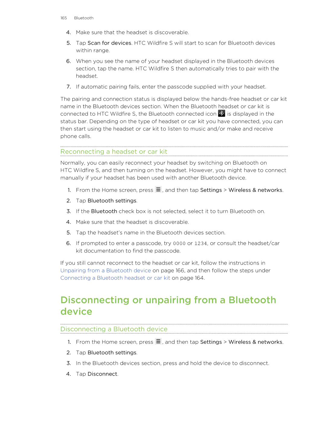 HTC S manual Disconnecting or unpairing from a Bluetooth device, Reconnecting a headset or car kit 