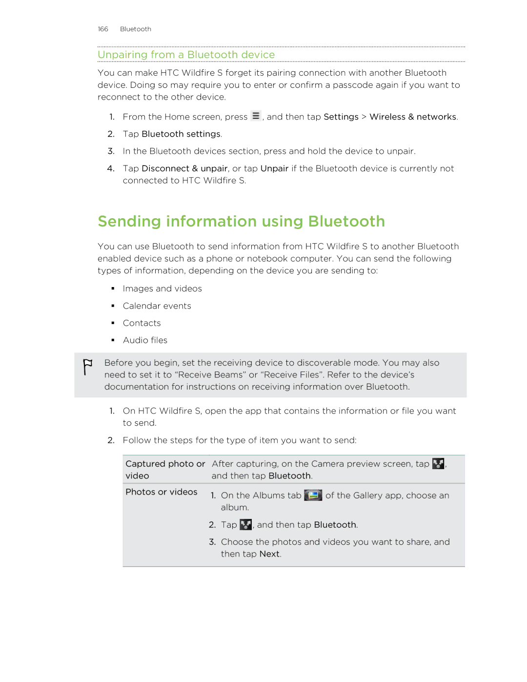 HTC manual Sending information using Bluetooth, Unpairing from a Bluetooth device 