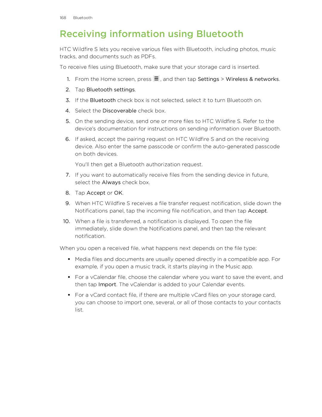 HTC S manual Receiving information using Bluetooth 