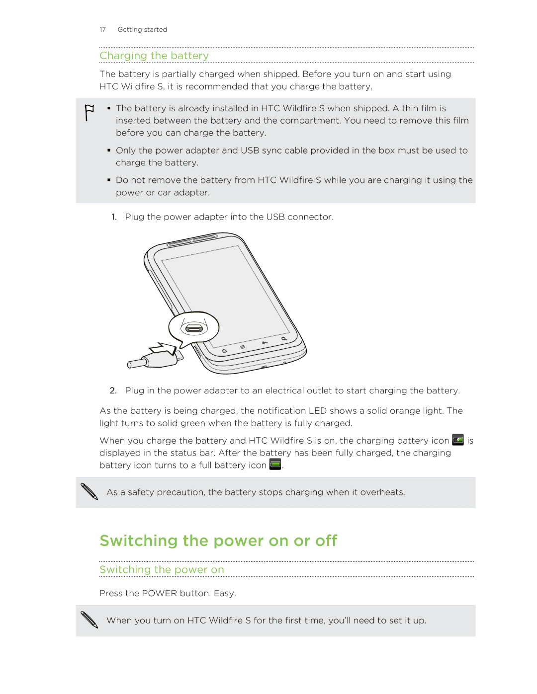 HTC manual Switching the power on or off, Charging the battery 