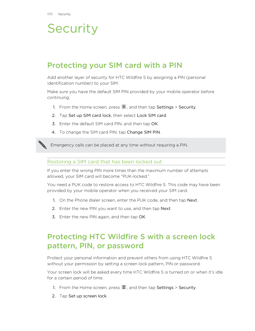 HTC manual Security, Protecting your SIM card with a PIN, Restoring a SIM card that has been locked out 