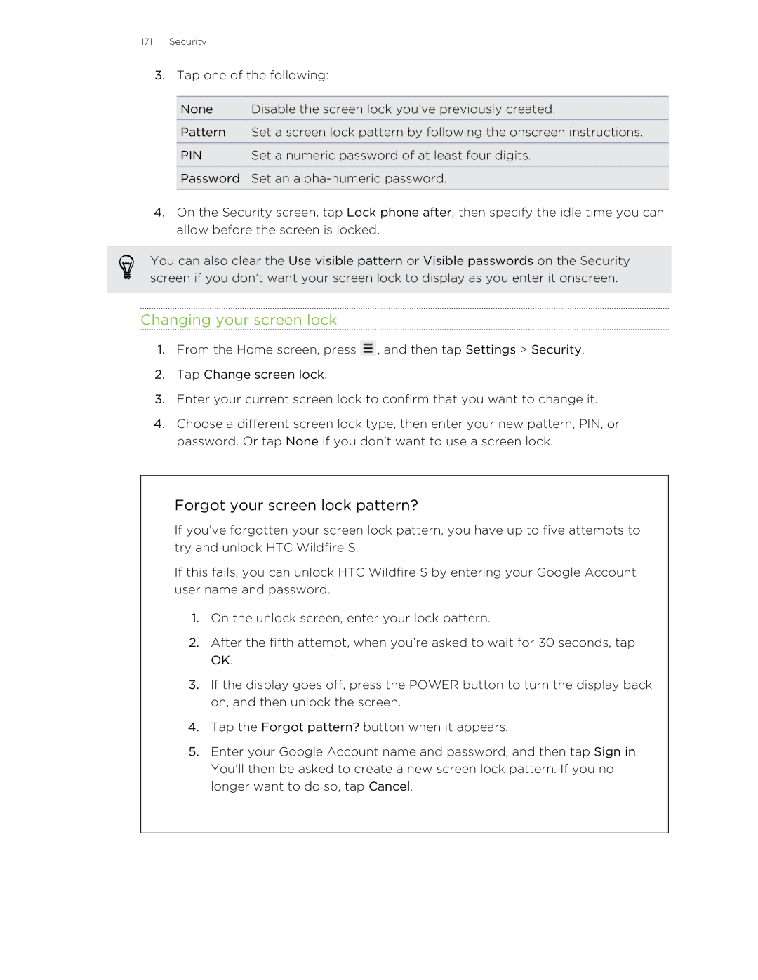 HTC S manual Changing your screen lock, Pin 