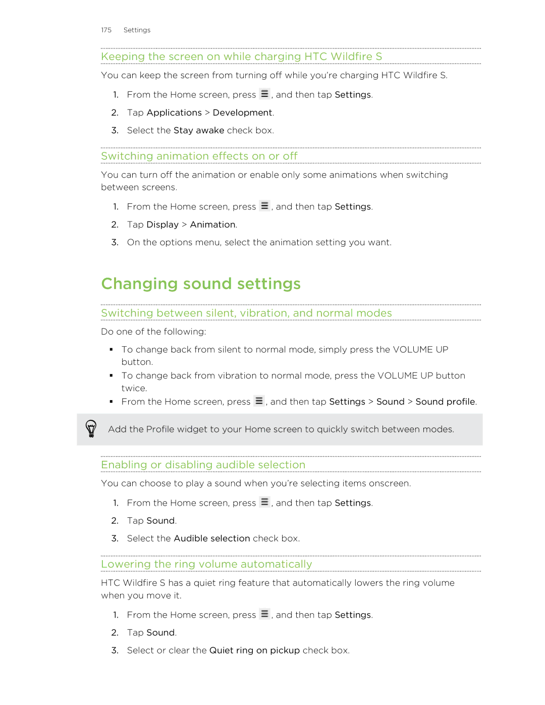 HTC S manual Changing sound settings 