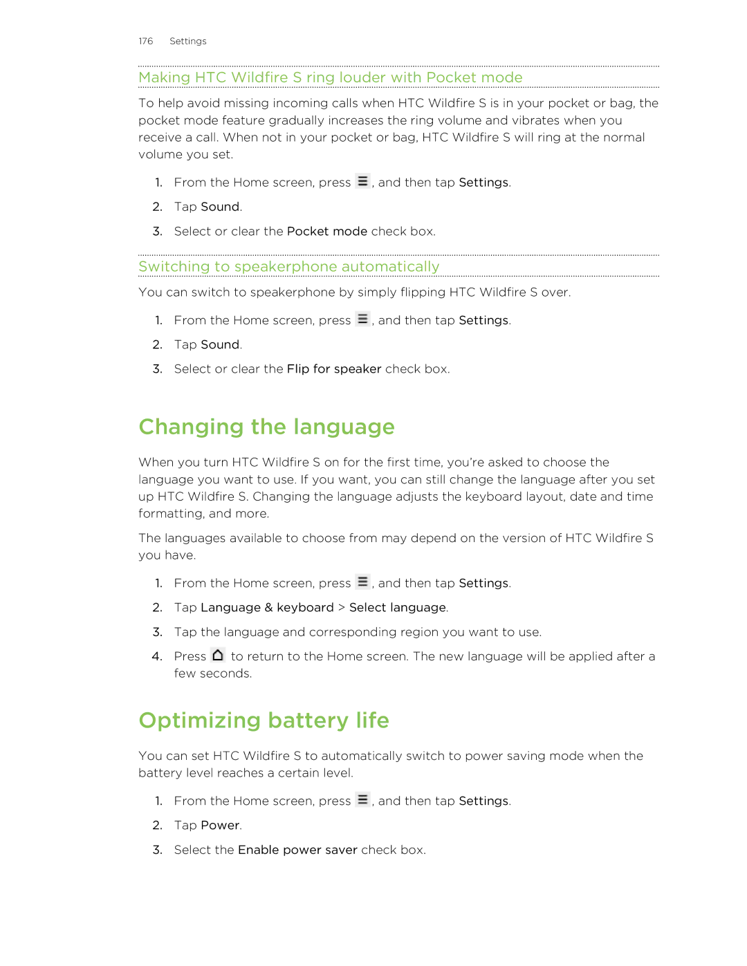 HTC manual Changing the language, Optimizing battery life, Making HTC Wildfire S ring louder with Pocket mode 