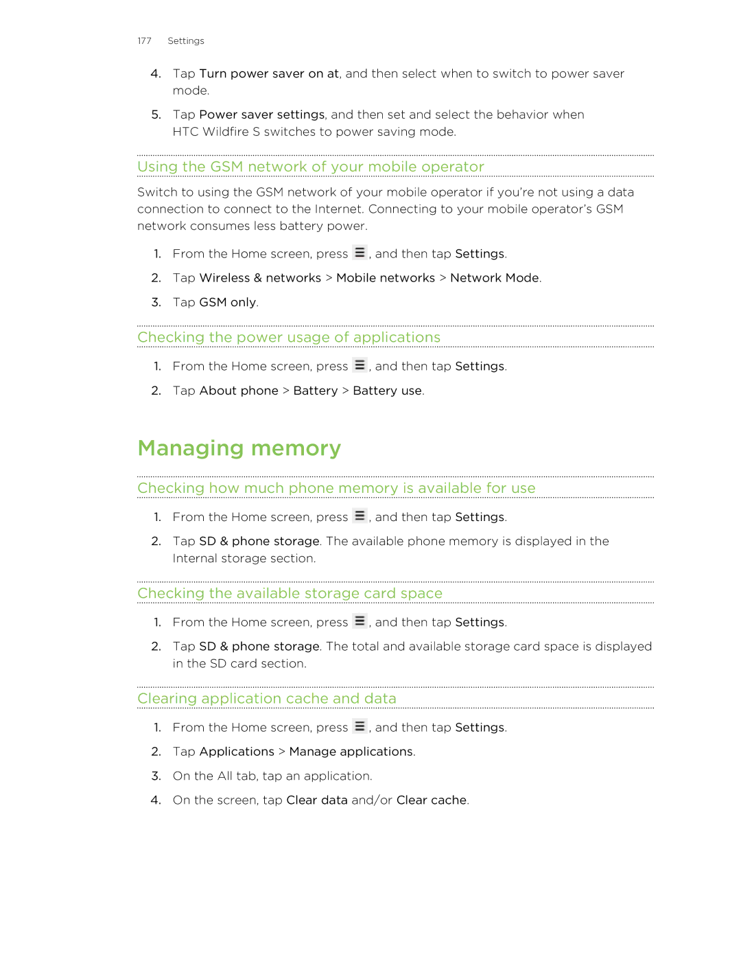 HTC S manual Managing memory 