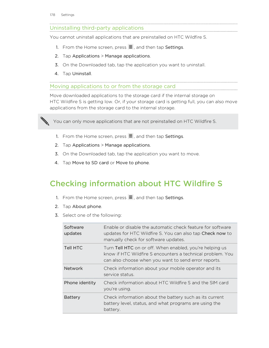 HTC manual Checking information about HTC Wildfire S, Uninstalling third-party applications 