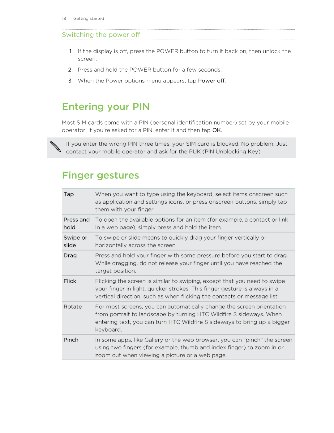 HTC manual Entering your PIN, Finger gestures, Switching the power off 