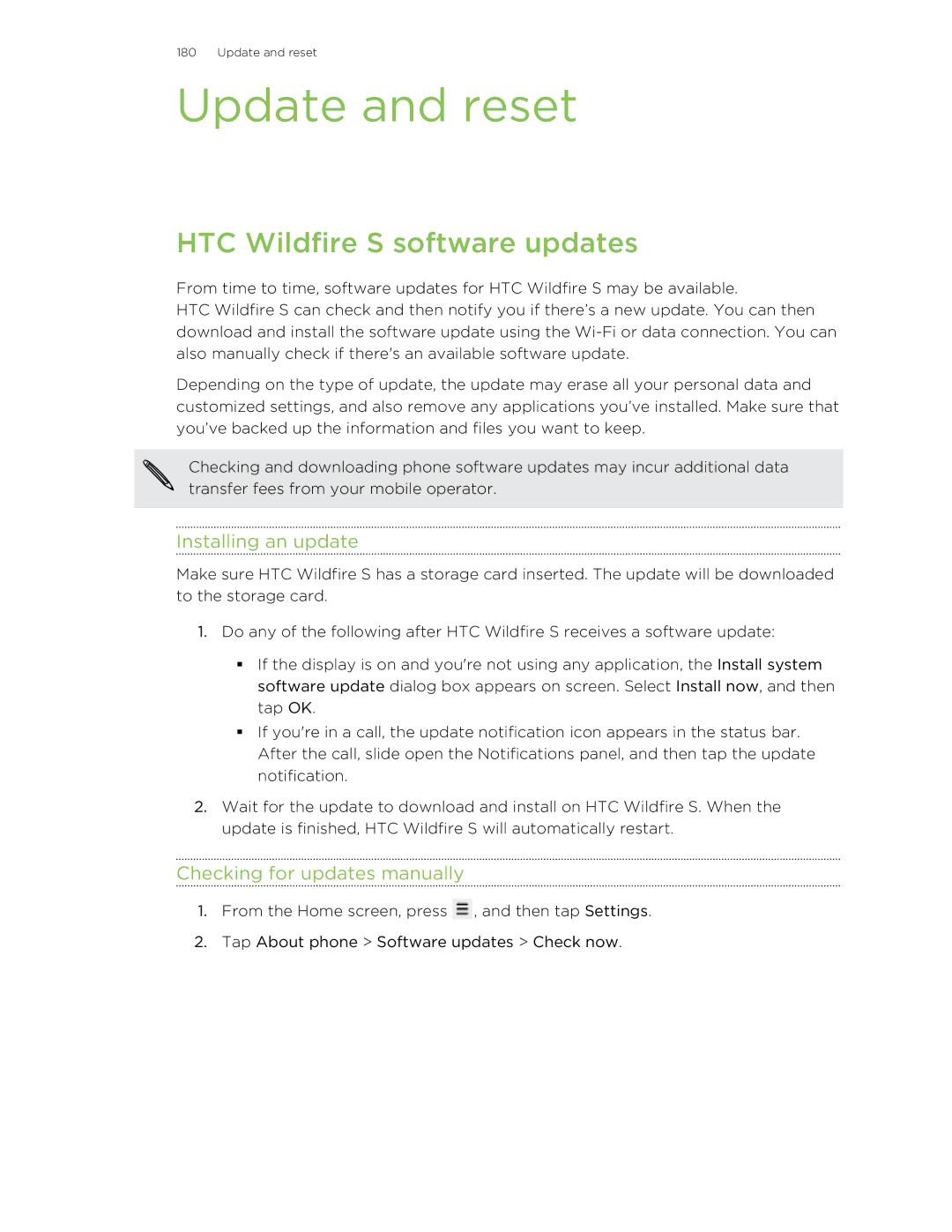 HTC Update and reset, HTC Wildfire S software updates, Installing an update, Checking for updates manually 