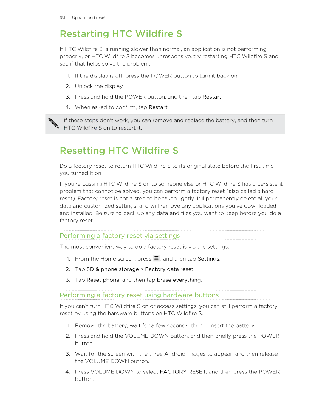 HTC manual Restarting HTC Wildfire S, Resetting HTC Wildfire S, Performing a factory reset via settings 