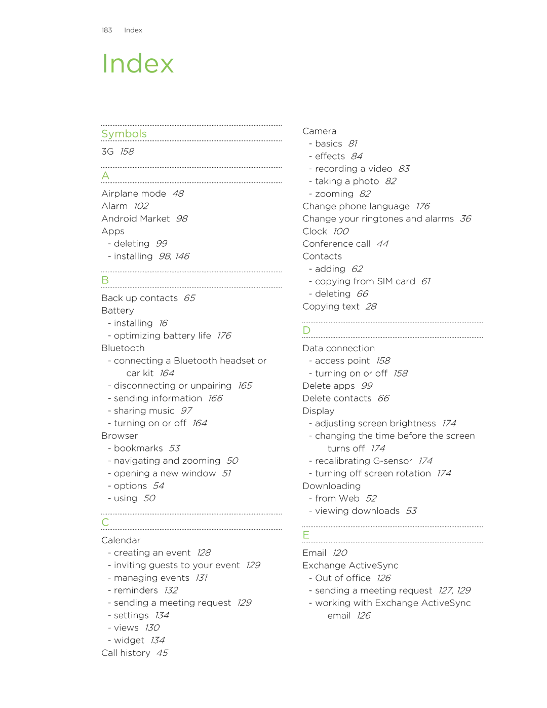 HTC manual Index, Symbols 