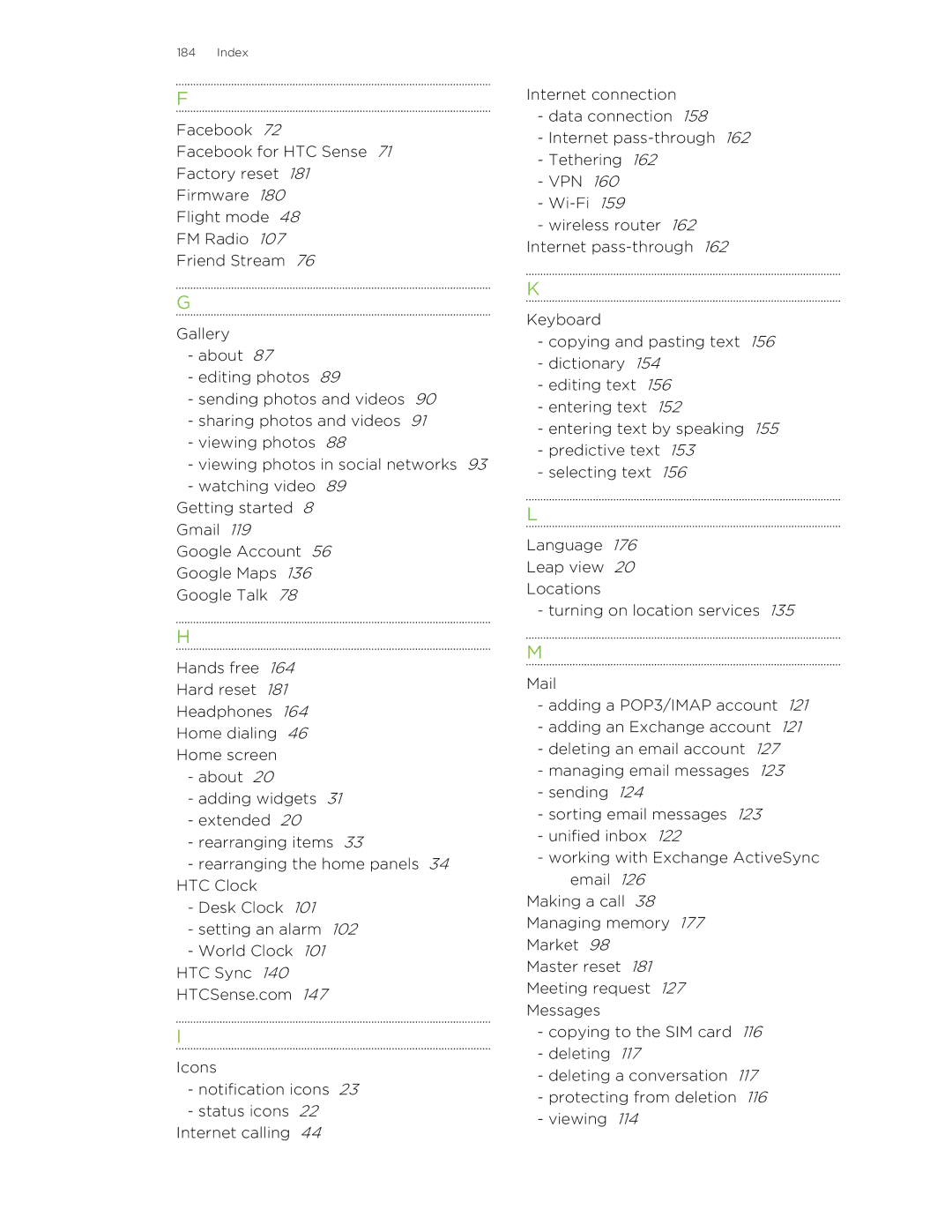 HTC S manual Index 