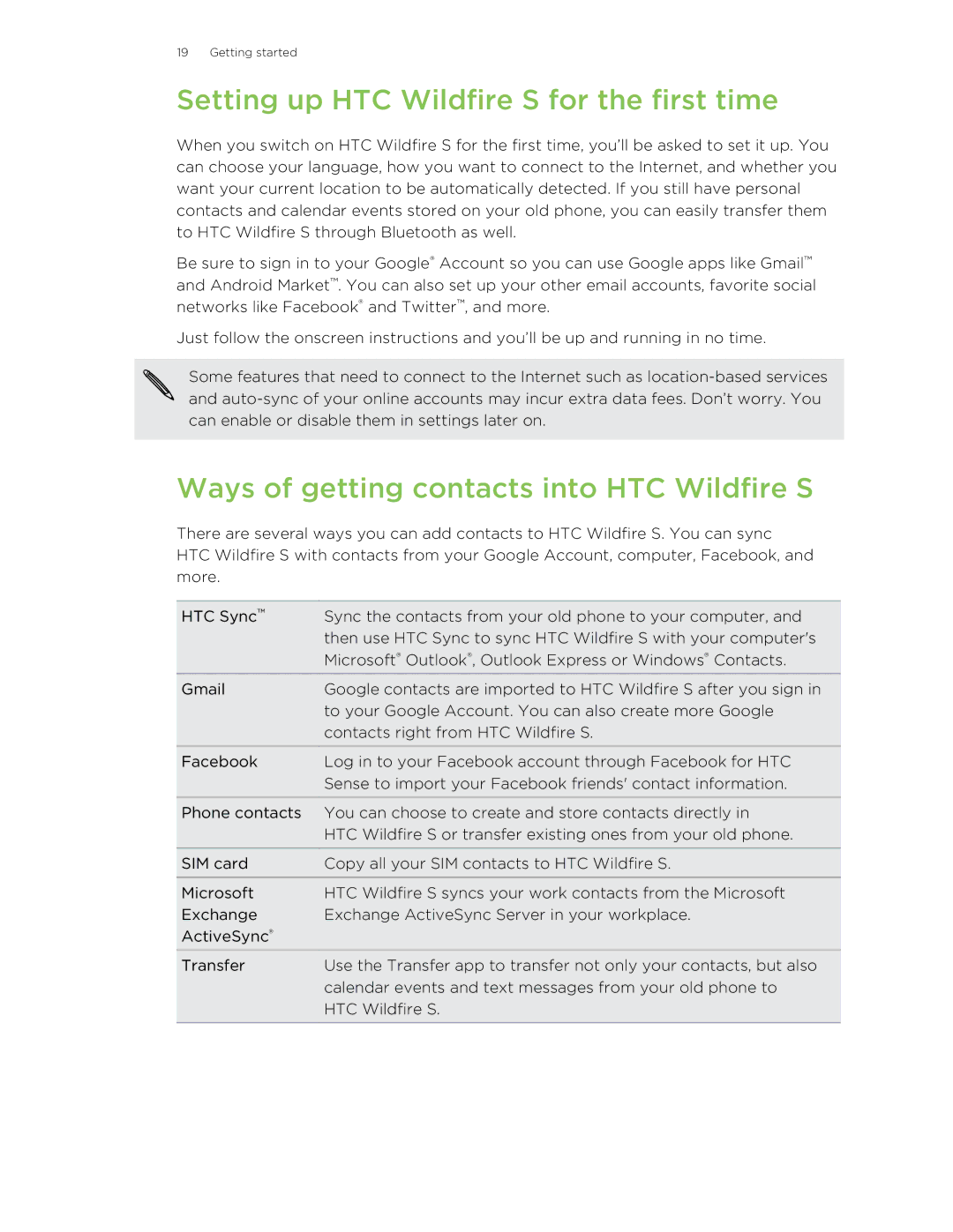 HTC manual Setting up HTC Wildfire S for the first time, Ways of getting contacts into HTC Wildfire S 