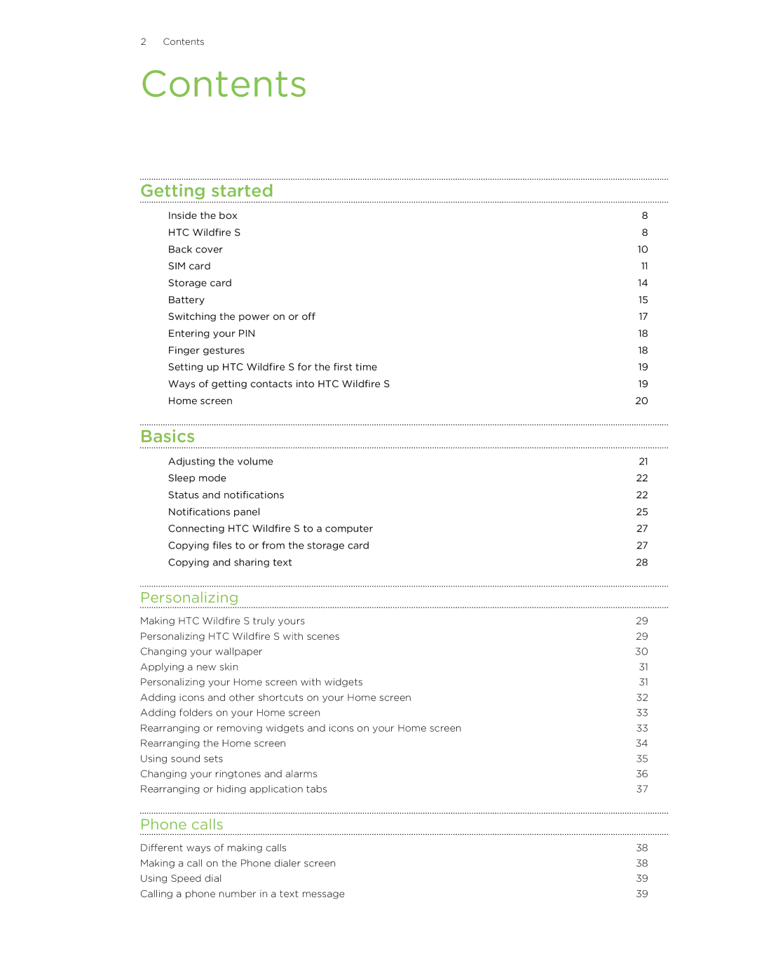 HTC S manual Contents 