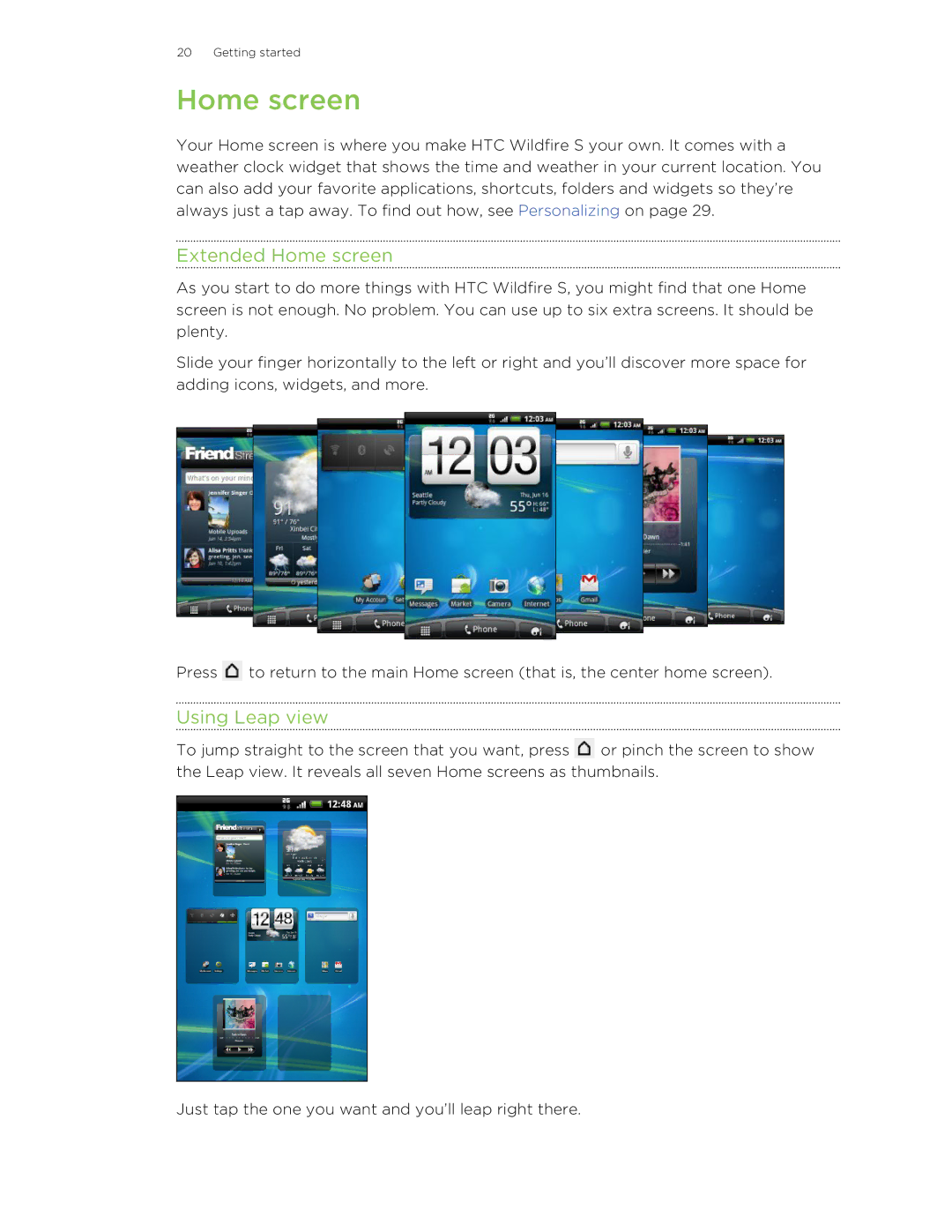 HTC S manual Extended Home screen, Using Leap view 