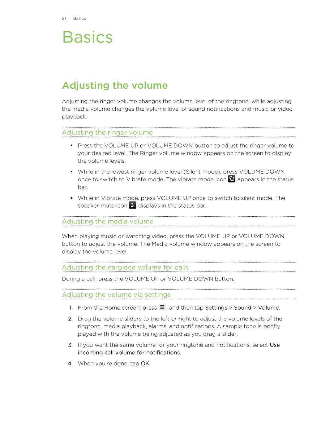 HTC S manual Basics, Adjusting the volume 