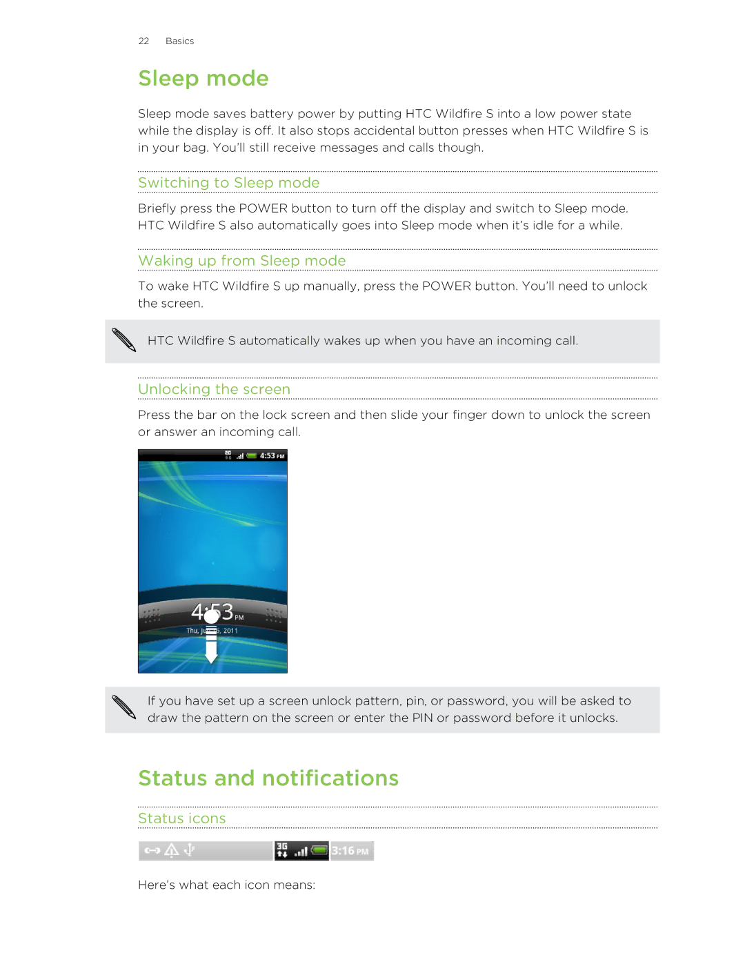 HTC manual Sleep mode, Status and notifications 