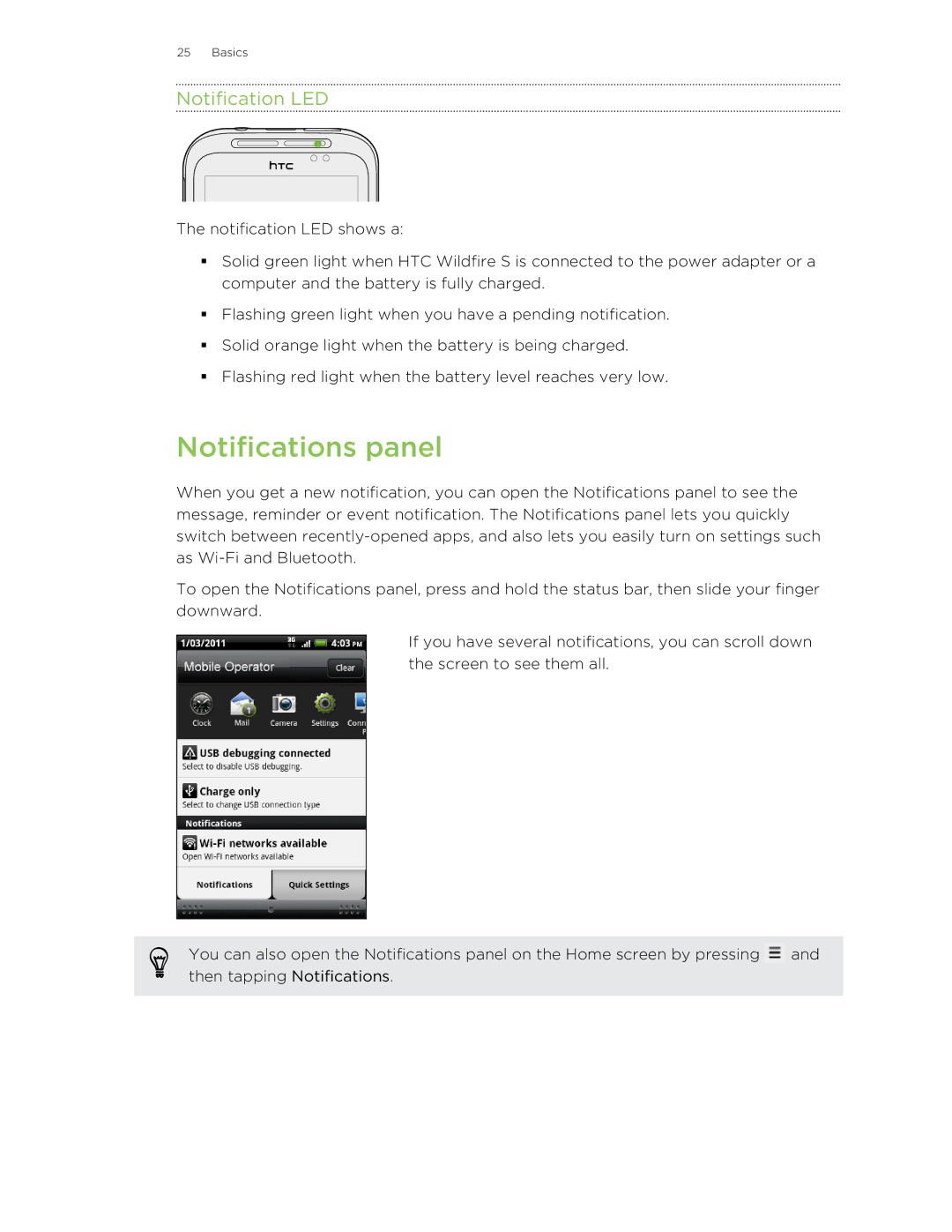 HTC S manual Notifications panel, Notification LED 