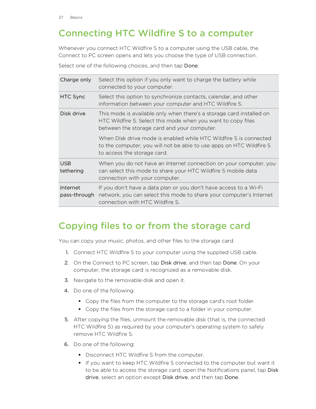 HTC manual Connecting HTC Wildfire S to a computer, Copying files to or from the storage card 