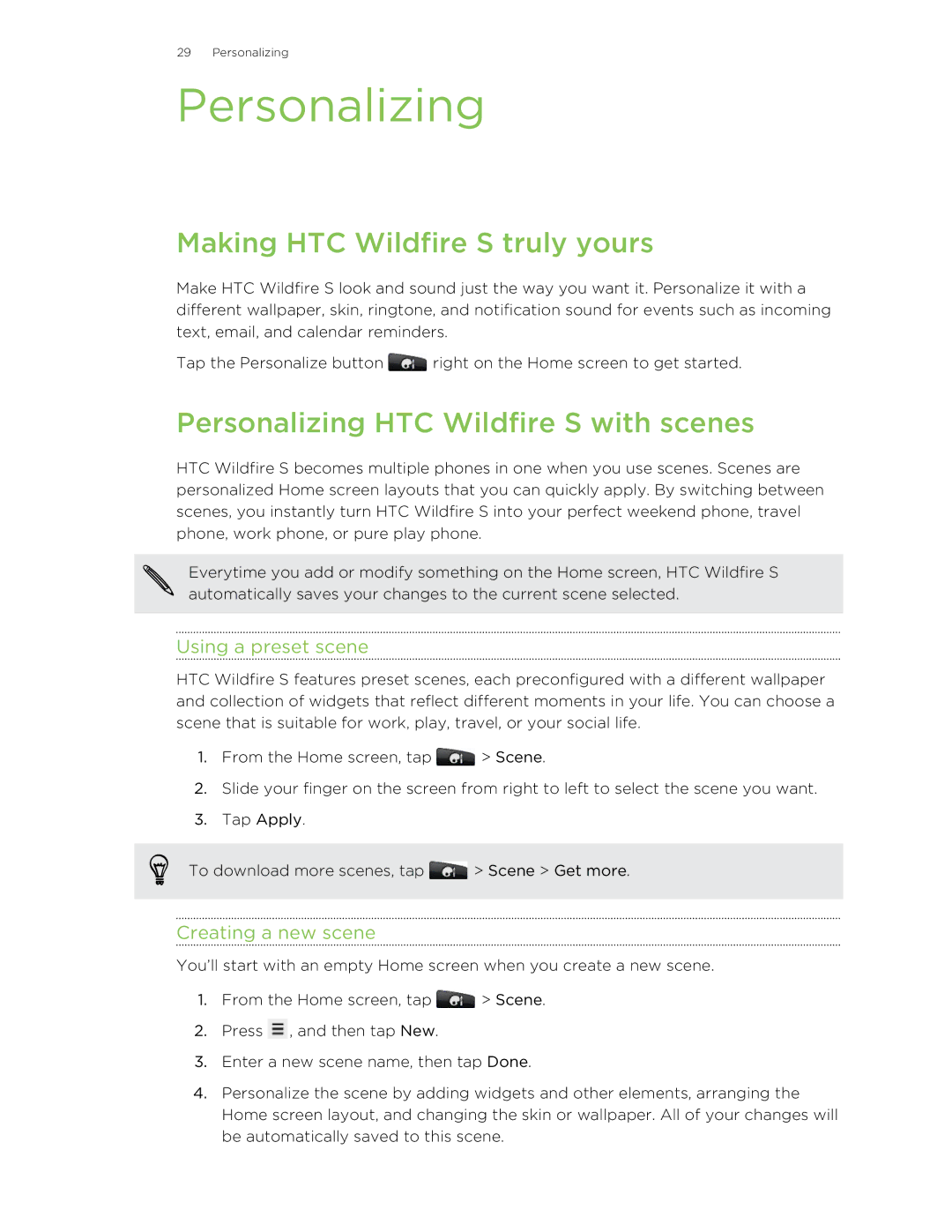 HTC manual Making HTC Wildfire S truly yours, Personalizing HTC Wildfire S with scenes, Using a preset scene 