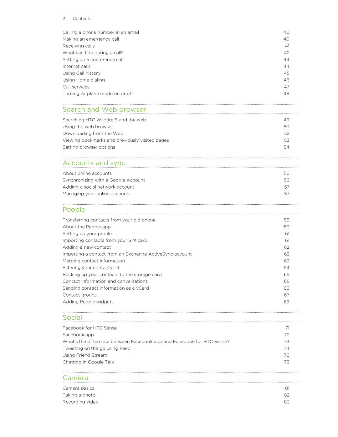 HTC manual Search and Web browser, Accounts and sync, People, Social, Camera 