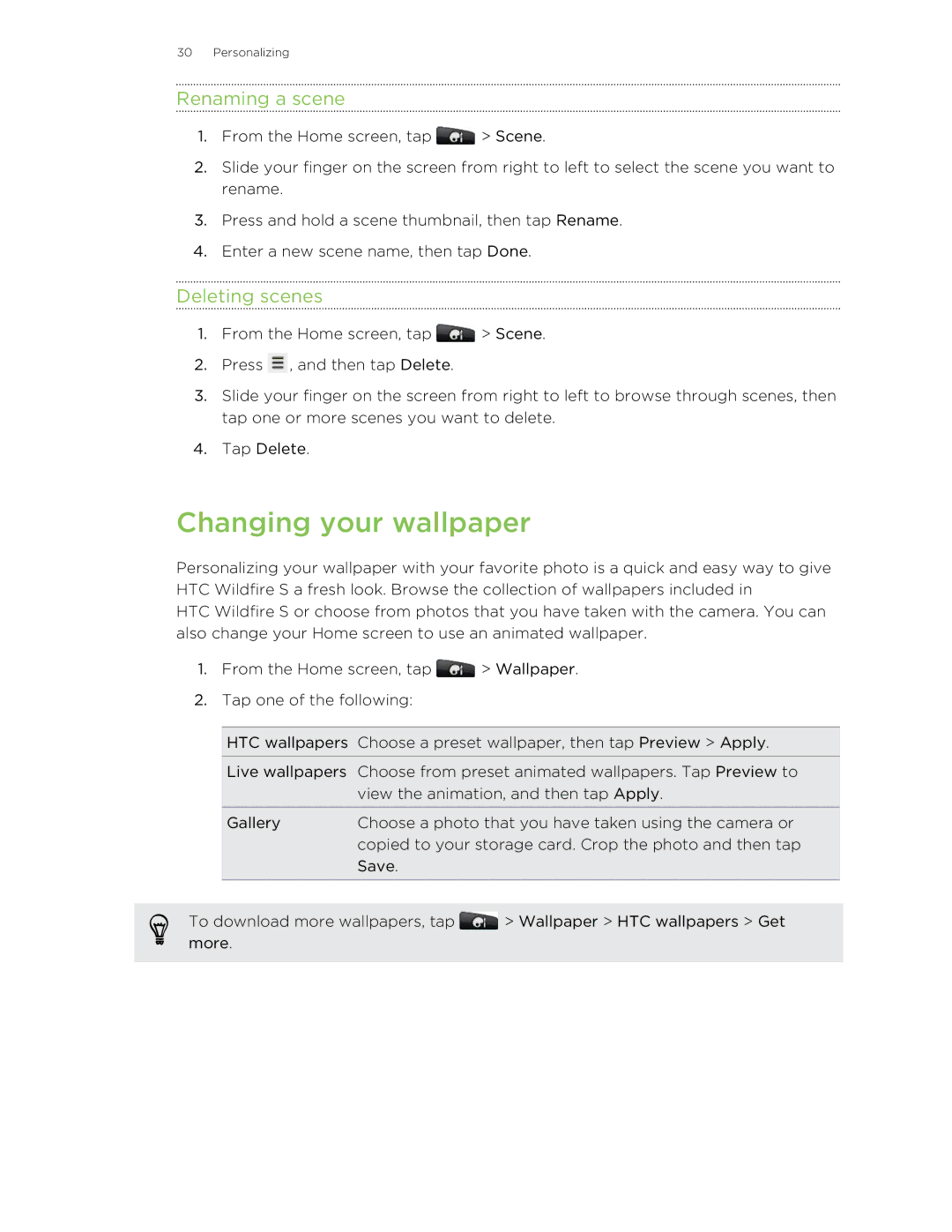 HTC S manual Changing your wallpaper, Renaming a scene, Deleting scenes 