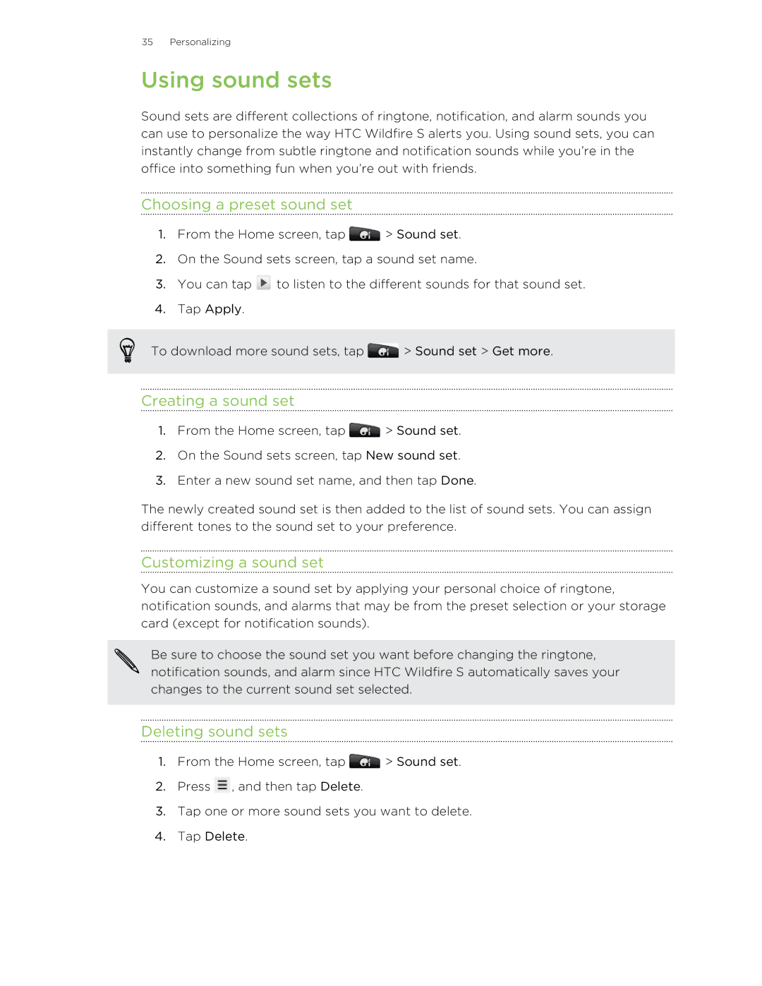 HTC S Using sound sets, Choosing a preset sound set, Creating a sound set, Customizing a sound set, Deleting sound sets 