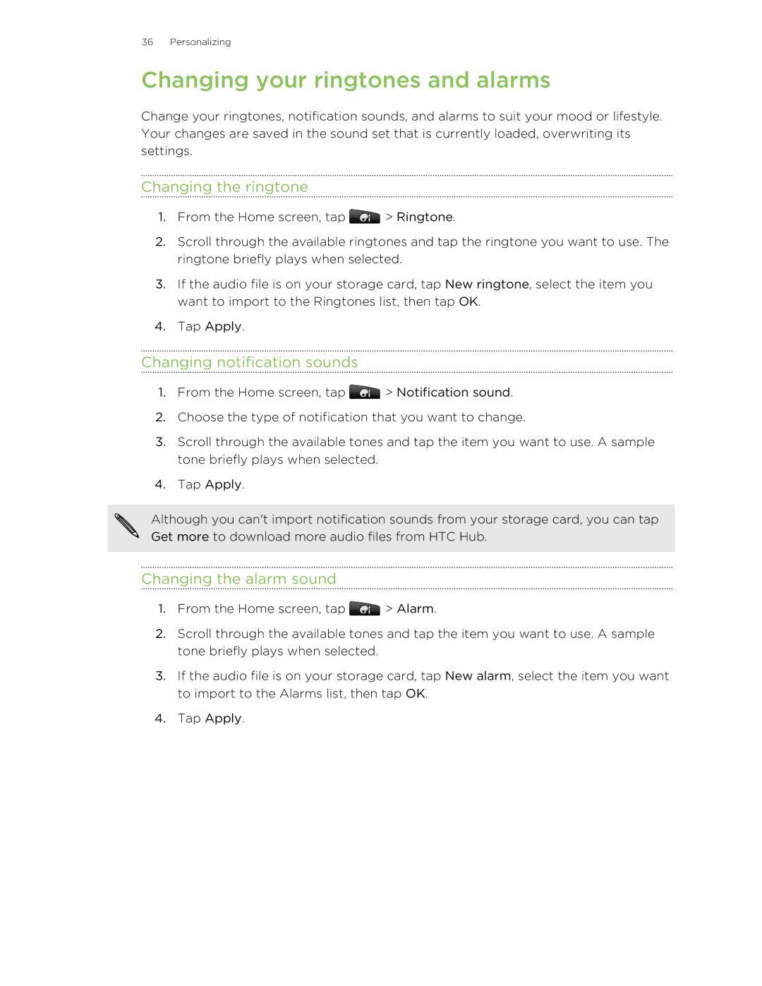 HTC S Changing your ringtones and alarms, Changing the ringtone, Changing notification sounds, Changing the alarm sound 