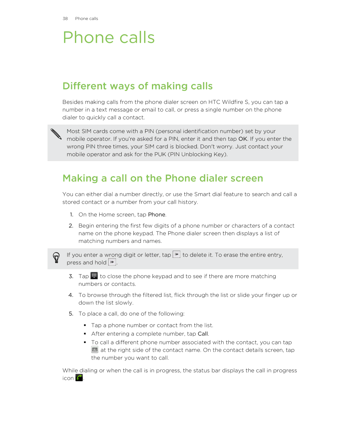 HTC S manual Phone calls, Different ways of making calls, Making a call on the Phone dialer screen 