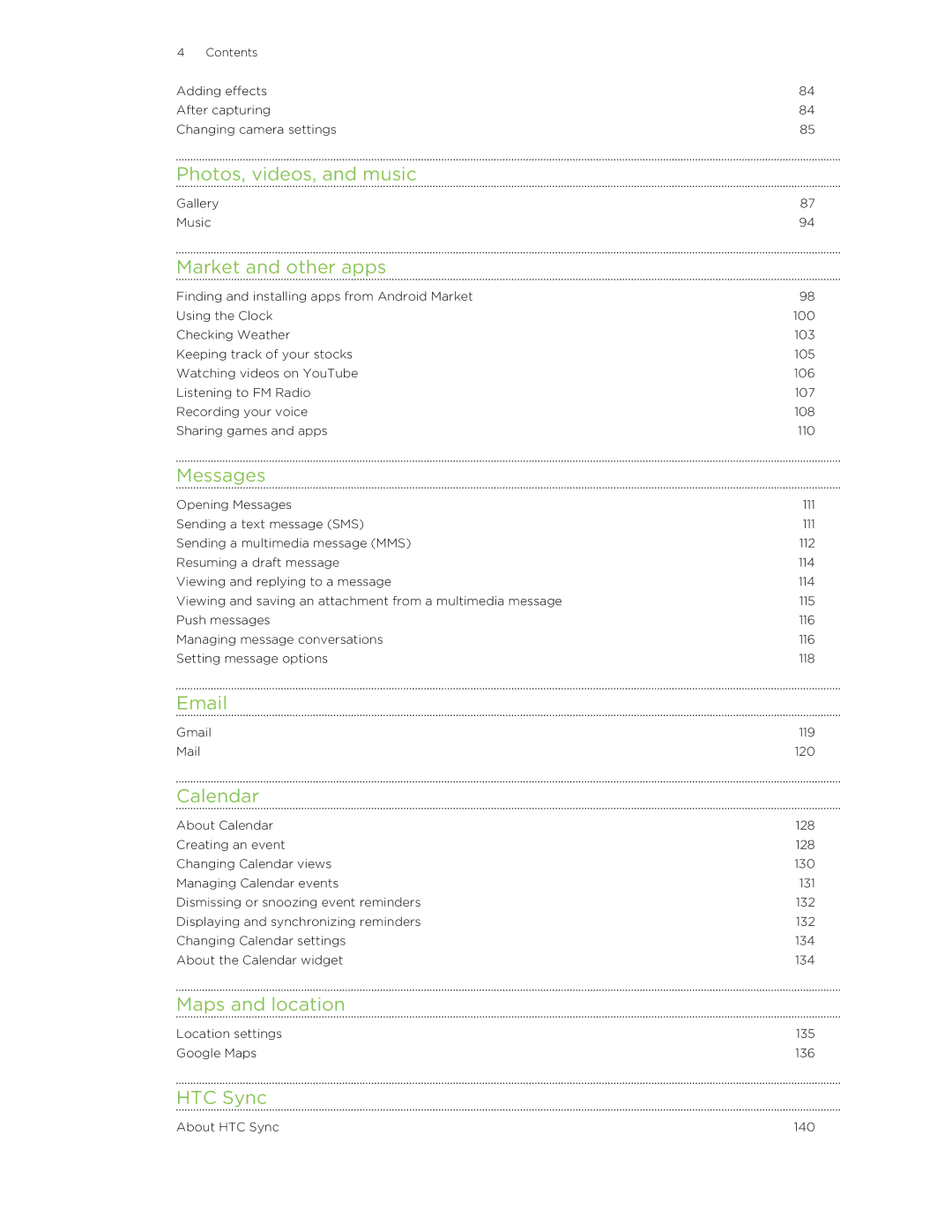 HTC manual Photos, videos, and music, Market and other apps, Messages, Calendar, Maps and location, HTC Sync 