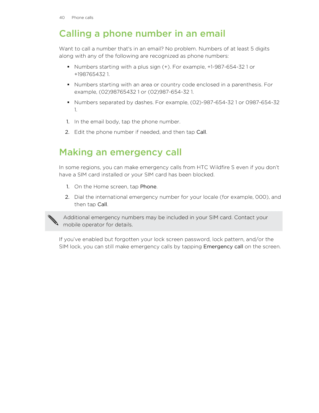 HTC S manual Calling a phone number in an email, Making an emergency call 