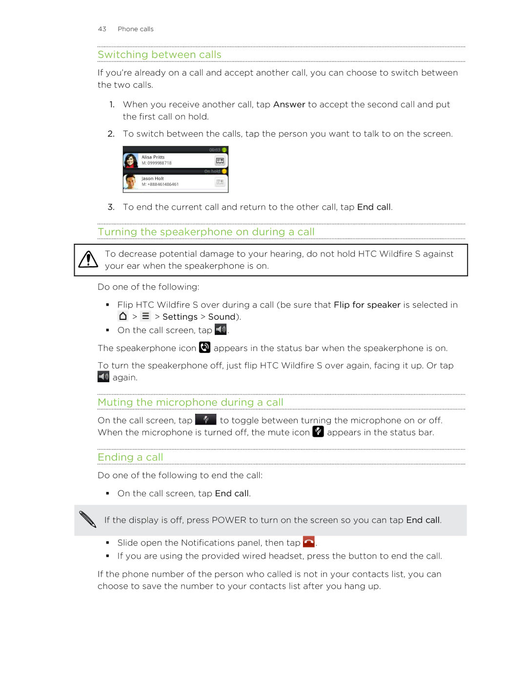 HTC manual Switching between calls, Turning the speakerphone on during a call, Muting the microphone during a call 