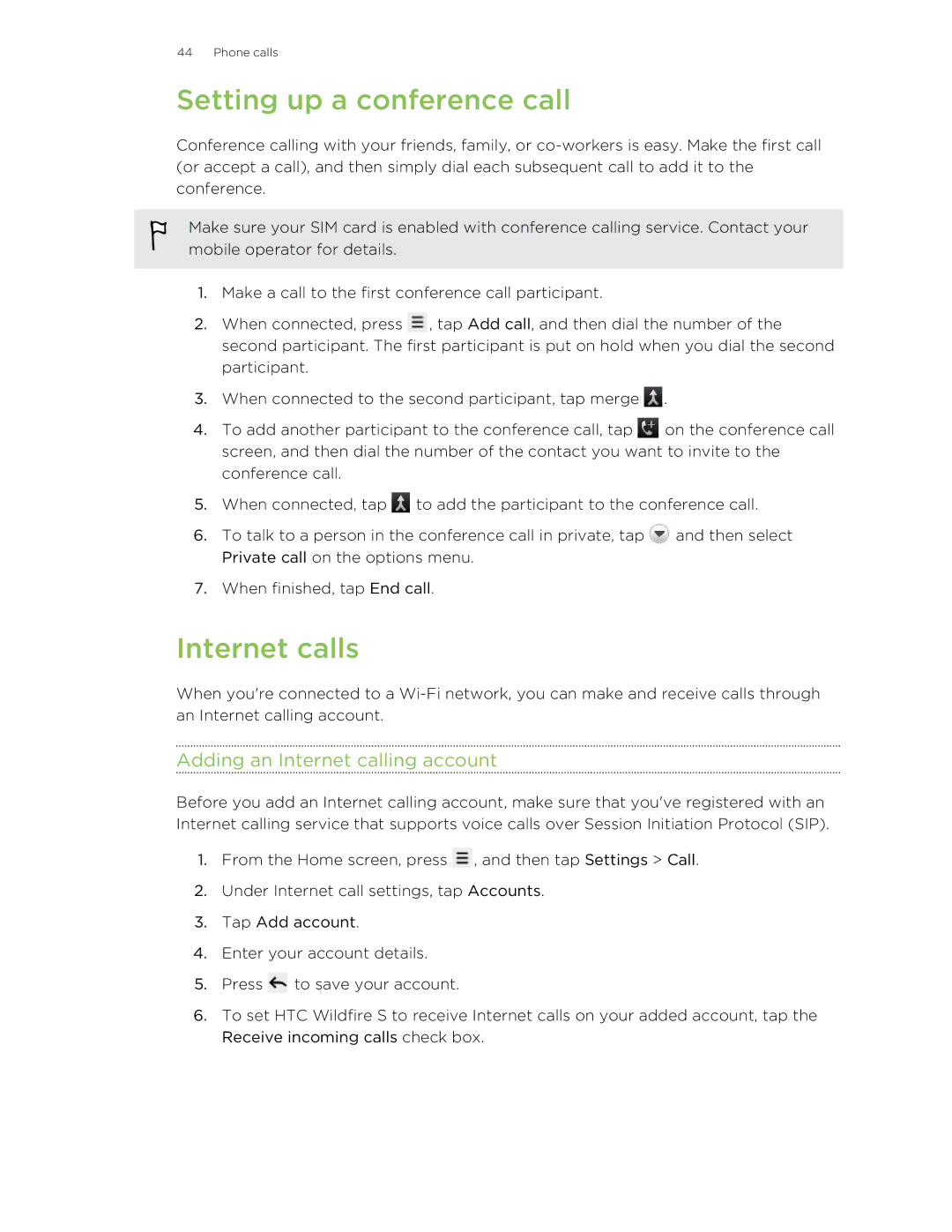 HTC manual Setting up a conference call, Internet calls, Adding an Internet calling account 